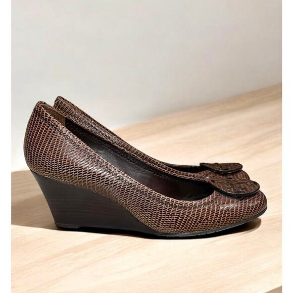 Tory Burch Miller Snakeskin Embossed Leather Wedge Shoe Size 7M - Picture 2 of 7